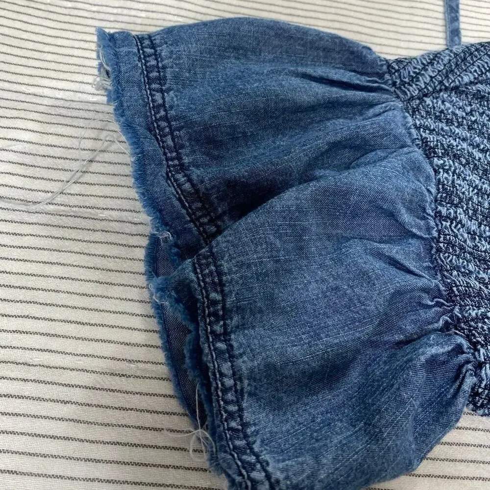 Anthropologie Luz Chambray Smocked Distressed Mini Dress Size XS Coastal Cowgirl